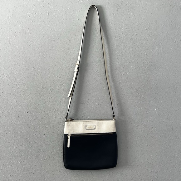 Kate Spade Black Cream Leather Crossbody Bag Adjustable Strap Minimalist Classic - Picture 2 of 11